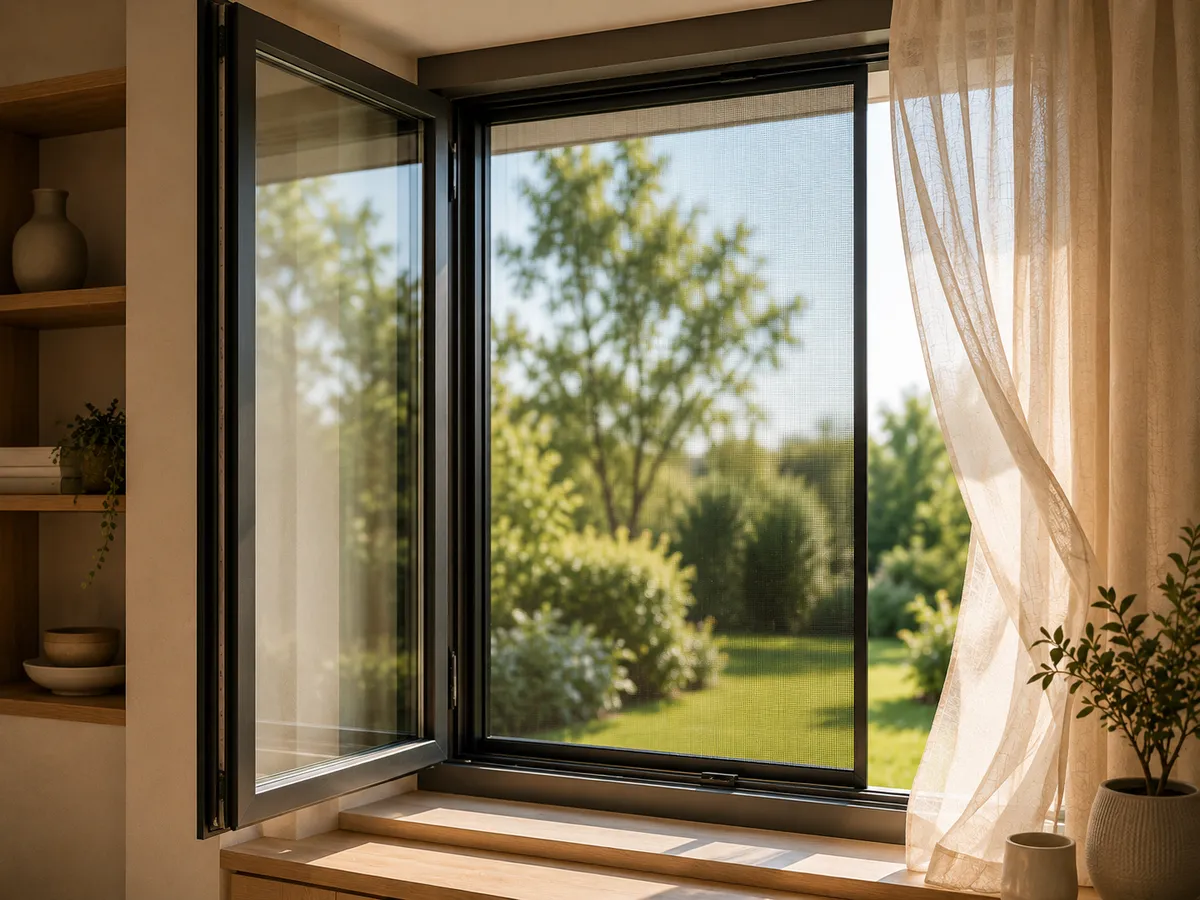 Fenster mit dezentem, maßgefertigtem Insektenschutzgewebe (Symbolbild)